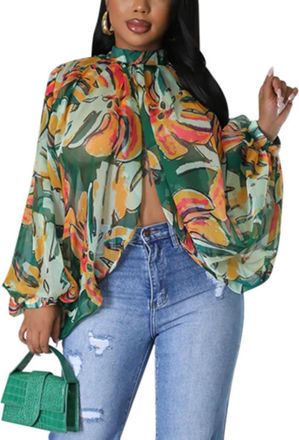 Generic Sexy Tops for Women Party Club Night Batwing Sleeve Chiffon Sheer Self Tie Back Front Open Women Shirts Casual Summer (Green Orange,L)