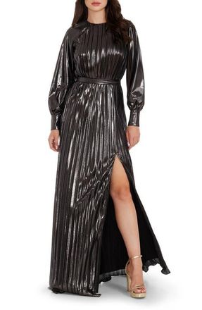 Dress The Population Calista Metallic Jacquard Stripe Long Sleeve Gown in Gunmetal at Nordstrom, Size Xx-Large