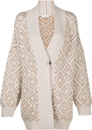 Brunello Cucinelli jacquard-knit cardigan - women - Cashmere/Virgin Wool/Silk/Mohair/Cotton/Polyamide/Polyester/Wool - S - Neutrals