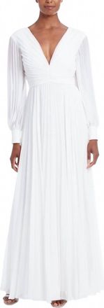 Badgley Mischka Pleated Long Sleeve V Neck Gown In Light Ivory