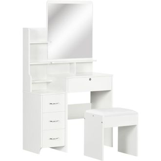 HOMCOM Tocador De Maquillaje Con Taburete Y Espejo Mesa De Maquillaje Con 4 Cajones 4 Compartimientos De Almacenamiento Estilo Moderno 80x38x143 Cm - Homcom