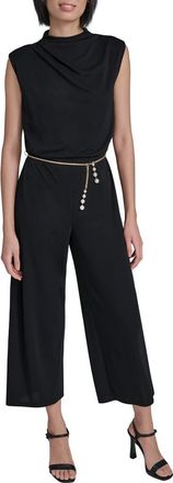 Karl Lagerfeld Jersey Jumpsuit with Faux Pearl Chain Belt in Black at Nordstrom, Size 16