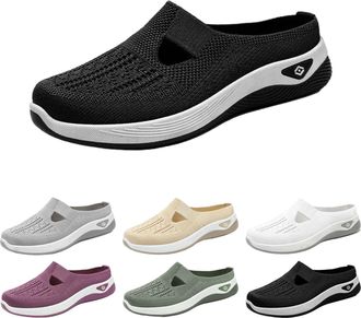 Generic Orthopedic Slippers for Women UK Summer Air Cushion Slip-On Shoes Mesh Half Drag Walking Shoes with Arch Support Ladies Breathable Knit Mule Sneakers 