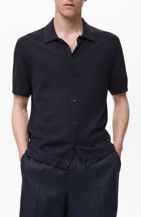 Mango Short Sleeve Rib-Knit Button-Up Shirt in Navy at Nordstrom, Size X-Large