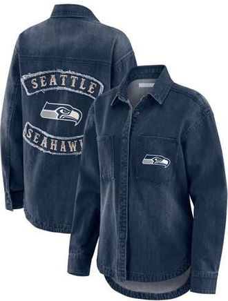 WEAR by Erin Andrews Womens WEAR by Erin Andrews Denim Seattle Seahawks Washed Oversized Denim Full-Snap Shacket at Nordstrom, Size X-Large