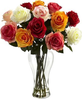 Nearly Natural Assorted Blooming Roses With Vase