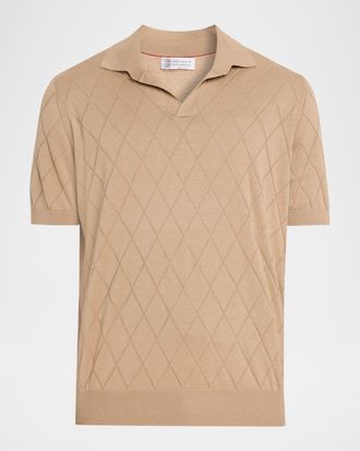 Brunello Cucinelli Men & apos;s Cotton Textured Argyle Cotton Knit Polo Shirt
