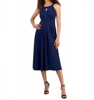 Robbie Bee Sleeveless Keyhole Halter Dress In Navy