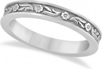 Allurez Hand-Carved Eternity Flower Design Wedding Band in 14k White Gold