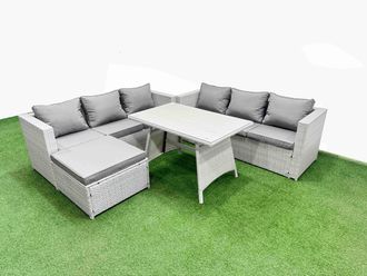Fimous 7-seater Patio Rectangular Table 3 Seater Sofa Set with Big Stool in Light Grey