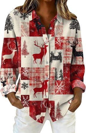 Generic Xmas T Shirts for Women UK 2025, New Long Sleeve Printed Linen Look Blouse. Loose Fit Casual Button Up Shirt with Christmas Pattern for Holiday, Party