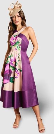 Coast Printed Cross Neck Satin Midi Dress in Purple at Nordstrom, Size 8