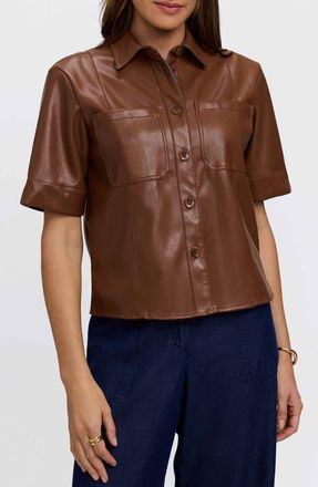 Foxcroft Demi Elbow Sleeve Faux Leather Button-Up Shirt in Macchiato Brown at Nordstrom, Size X-Large