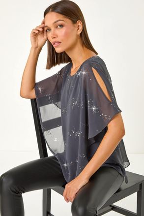Roman Sequin Asymmetric Overlay Top