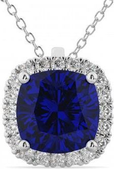 Allurez Halo Lab Blue Sapphire Cushion Cut Pendant Necklace 14k White Gold (2.02ct)