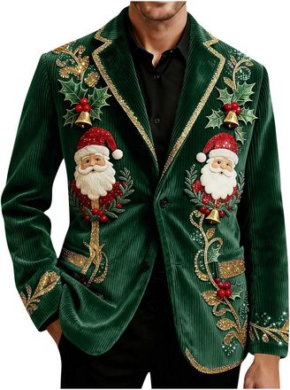 Generic Red Blazer for Men,Ugly Christmas Corduroy Ceremonial Blazers Christmas Elk Printed Blazers Single Breasted Blazer Novelty Xmas Graphic Suit Coat Fest