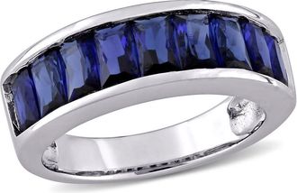 Amour 2 3/4 CT TGW Baguette-cut Created Blue Sapphire Semi-eternity Anniversary Band In Sterling Silver