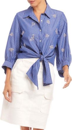 Karen Kane Tie Front Embellished Pinstripe Button-Up Shirt at Nordstrom, Size X-Small