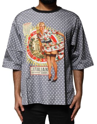 Dolce & Gabbana Mens Gray Polka Dot Pin-Up Print Crew Neck T-Shirt Cotton