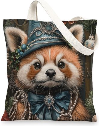 Generic Vintage Christmas Red Panda Canvas Tote Bag for Shopping 13x15, Retro Xmas Animal Reusable Grocery Print Pattern Bag for Women, Holiday Beach Aestheti
