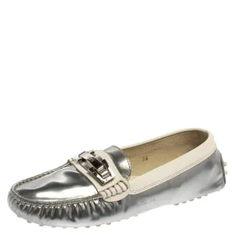 Tod's Tods Silver/white Patent And Leather Logo Buckle Loafers