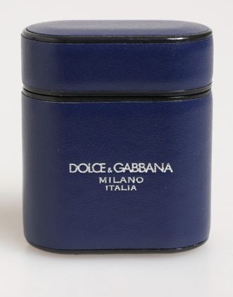 Dolce & Gabbana Blue Leather Logo Print Flip Holder Men Airpods Case Calfskin Accessory