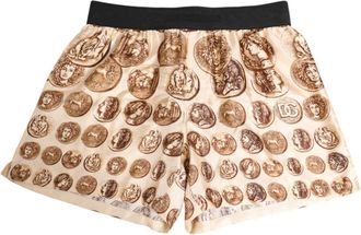 Dolce & Gabbana Mens Brown Ancient Coin Print Silk Shorts Swimwear Beige