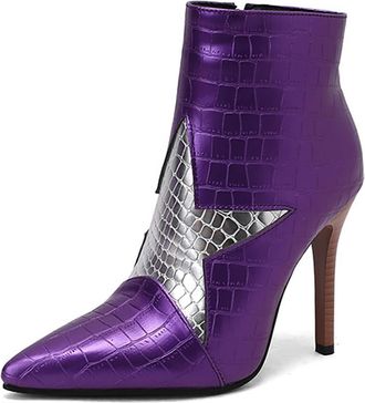Generic Womens Pointed Toe Stiletto Heel Ankle Boots with Buckle and Zipper Design Patent Leather High Heel Booties for Office & Evening Wear,Purple,4.5 UK