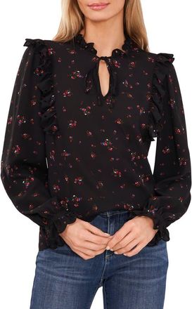 CeCe by Cynthia Steffe Floral Ruffle Split Neck Blouse in Rich Black at Nordstrom, Size X-Small