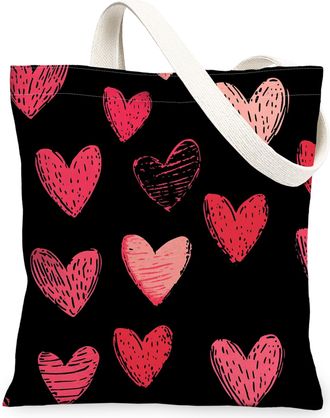 Generic Valentines Hearts Canvas Tote Bags, Cute Heart Pattern Reusable Grocery Bags, Stylish Lightweight Washable Shoulder Strap Canvas for Shopping Travel B