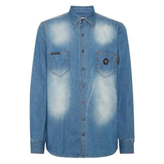 Philipp Plein Denim Shirt Long-Sleeve Skull&Bones - Heren - Spijkeroverhemden - Blauw - XS - Denim - Overhemden