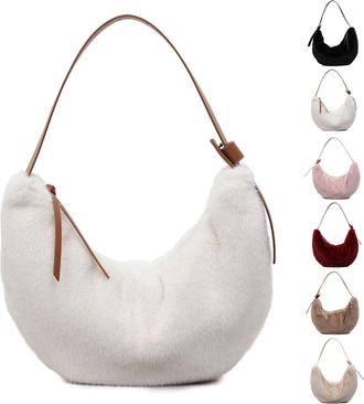 Generic Plush Tote Bag for Women Girl Winter Plush Furry Shoulder Bag Crescent Handbag Autumn Winter Tote Saddle Bags Crossbody Bags for Shopping School Trave