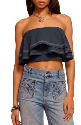 Ramy Brook Poppy Ruffle Strapless Crop Top in Navy at Nordstrom, Size Xx-Small