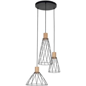 Luminosa Light Designs TK Modesto L&aacute;mpara de techo colgante con estructura de alambre, color negro y madera, 3 bombillas E27