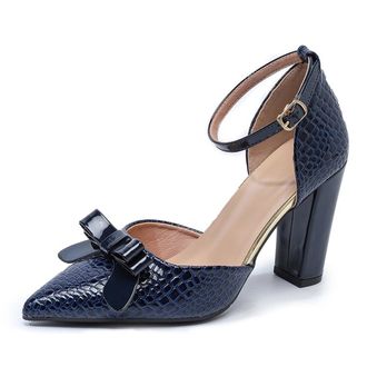 Generic Womens Elegant Bowknot Closed Pointed Toe High Block Heel Pumps Dressy Party Casual Shoes with Buckle Ankle Strap (5.5,Blue)