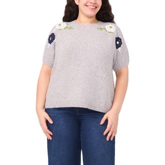 CeCe by Cynthia Steffe Floral Embroidered Short Sleeve Sweater in Silver Heather at Nordstrom, Size 2X