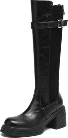 Generic Womens Block Heel Platform Long Boots PU Leather Knee High Boots with Back Zipper Round Toe Knight Boot with Buckle,Black,2.5 UK