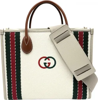 Gucci Ivory Canvas Leather Handbag Shoulder Bag Tote Bag (Pre-Owned)