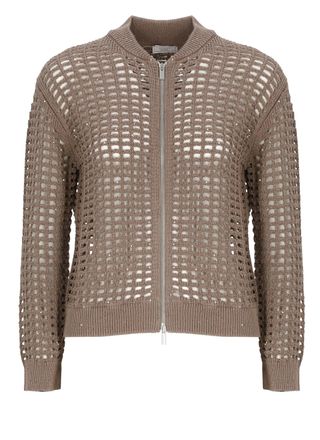 PESERICO Brown Perforated Sequin Zip Cardigan