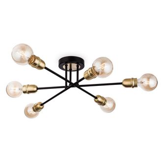 Netlighting Trident 6 Light Multi Arm Semi Flush Light Black with Brushed Brass E27 in Gold