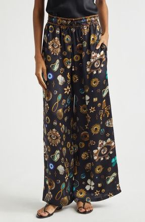 Camilla Amulets & Alchemy Print Wide Leg Silk Satin Pants in Amulets And Alchemy at Nordstrom, Size Medium