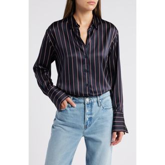 Frame Denim The Standard Stripe Stretch Silk Button-Up Shirt in Navy Multi Stripe at Nordstrom Rack, Size X-Small