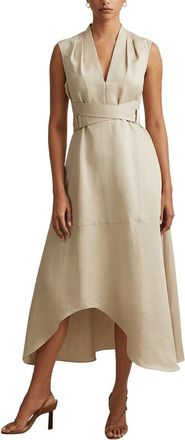 Reiss Ava Linen-Blend Linen Belt Detail Midi Dress