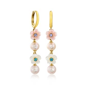 Ross-Simons Multicolored Mother-Of-Pearl, 6-6.5mm Cultured Pearl and. Multi-Gemstone Flower Drop Earrings in 18kt Gold Over Sterling Silver