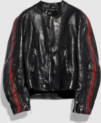 Gucci Buffalo Leather Biker Jacket With Web, Size 44 IT, Black