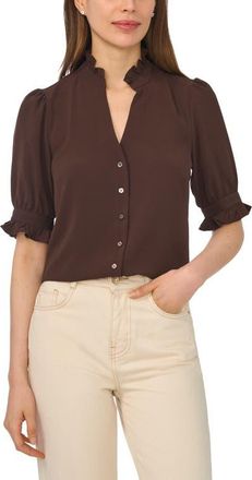 CeCe by Cynthia Steffe V-Neck Button-Up Shirt in Coffee Bean at Nordstrom, Size Small