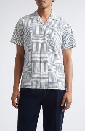 Drake's Weave Block Print Cotton Camp Shirt in Navy And White at Nordstrom, Size Medium