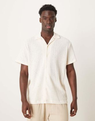 Selected textured camp collar shirt in cream-White