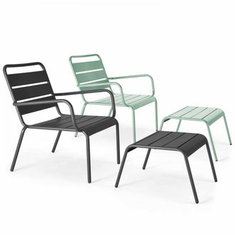 Oviala Lote de 2 sillones con reposapi&eacute;s de metal gris y verde salvia
