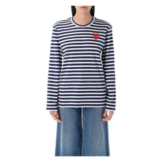 Comme Des Gar&ccedil;ons Long Sleeve Tops, female, Blue, Size: XL Icon Heart L/S Stripes Crystal Heart